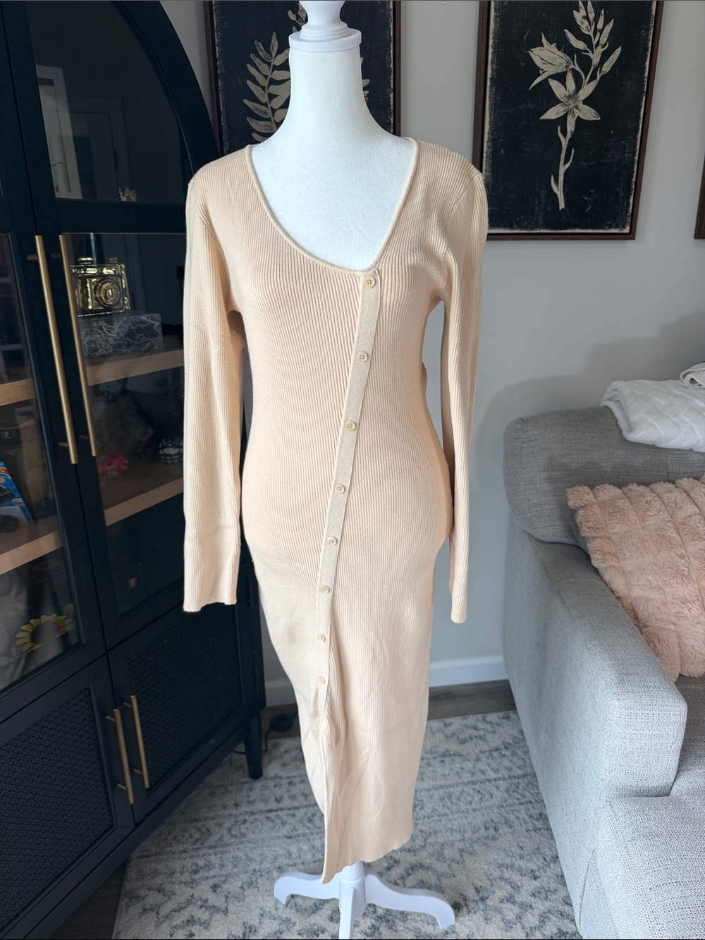 Lulu's Soft Beige Ribbed Button-Down Long Sleeve Dress